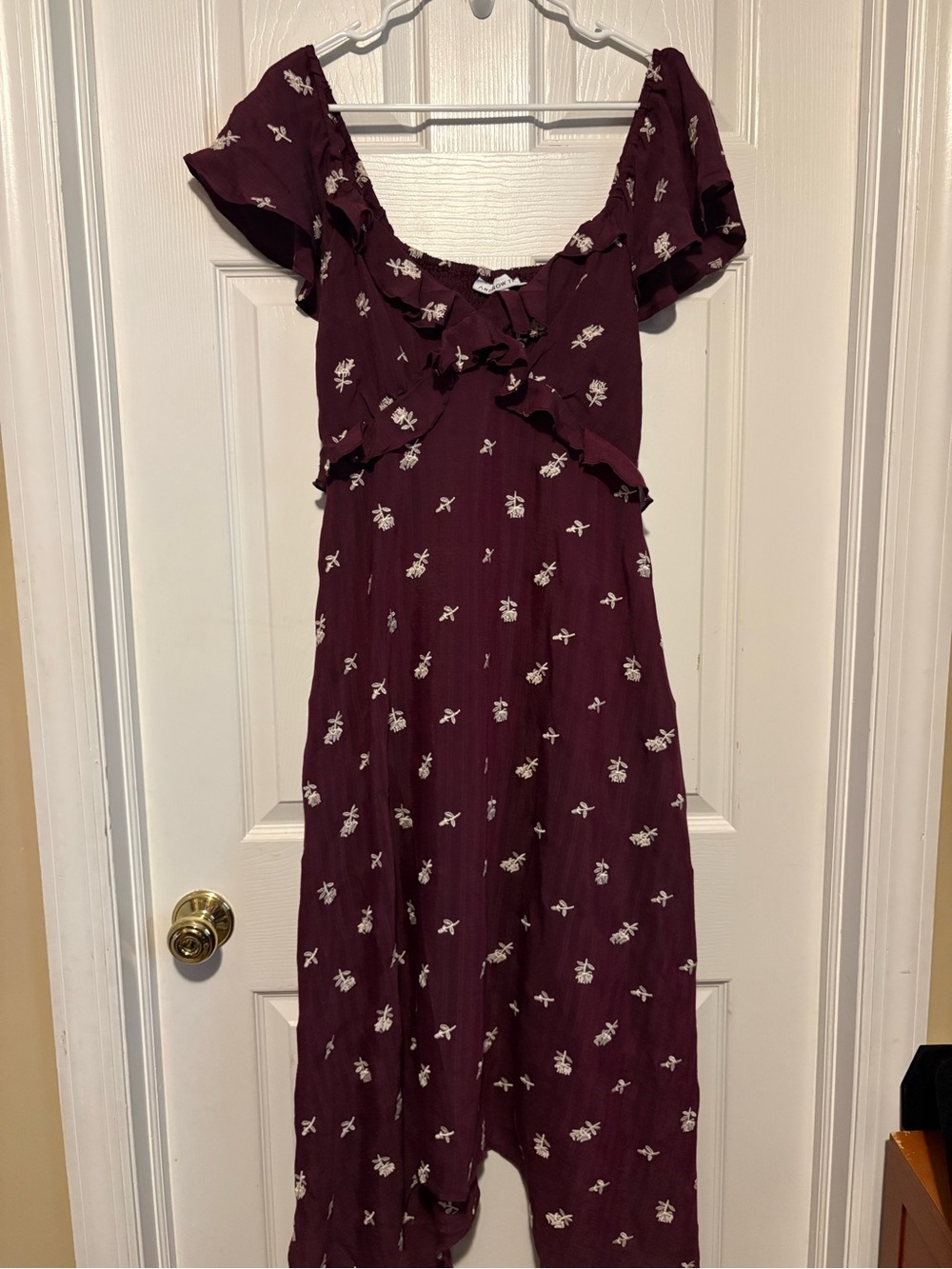 And Now This Burgundy Floral Ruffled handkerchief hem embroidered dress